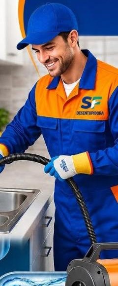 Técnico da Desentupidora SF desentupindo pia com máquina profissional em São Luís